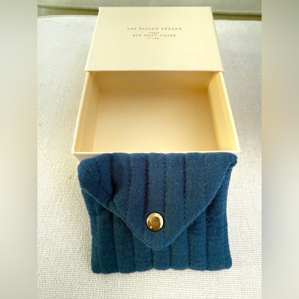 Sezane Gift box set Blue Ribbed Pouch Gold Snap Button Jewelry Gifting Gift NEW